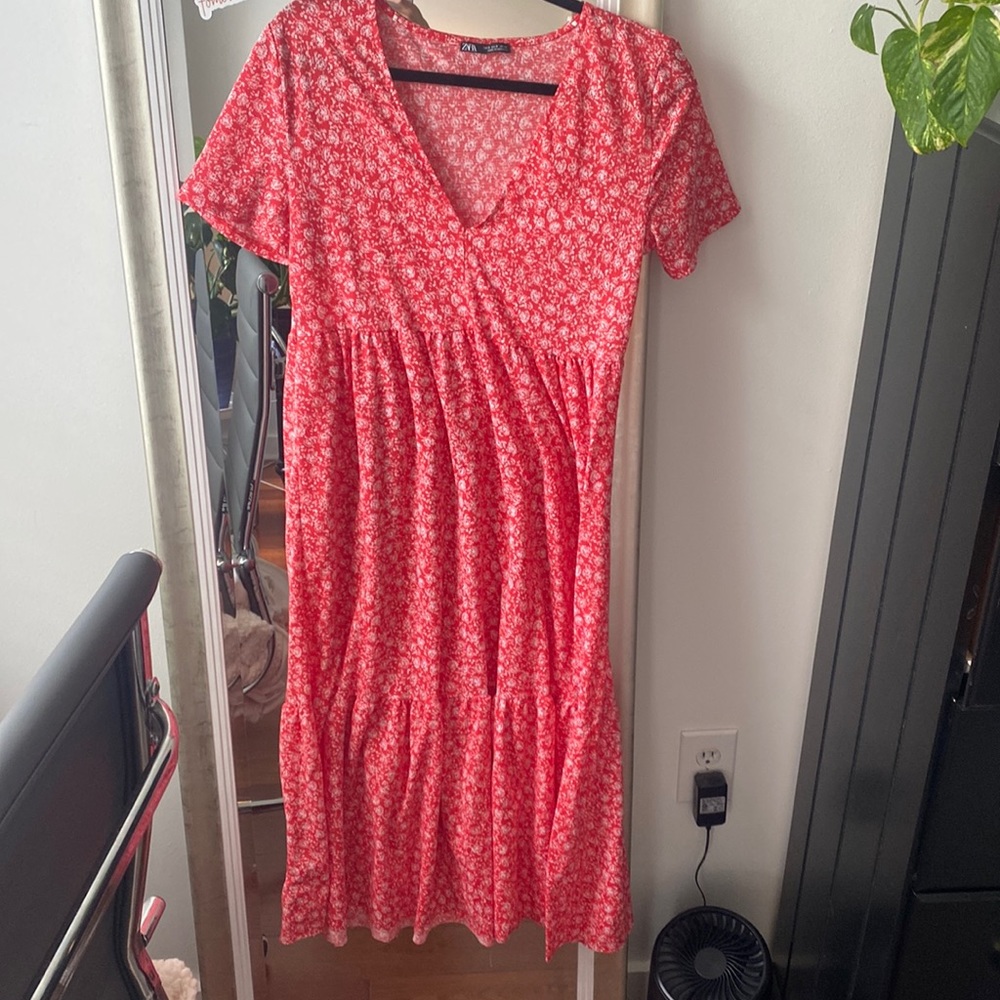Zara Red and White Floral Midi Dress